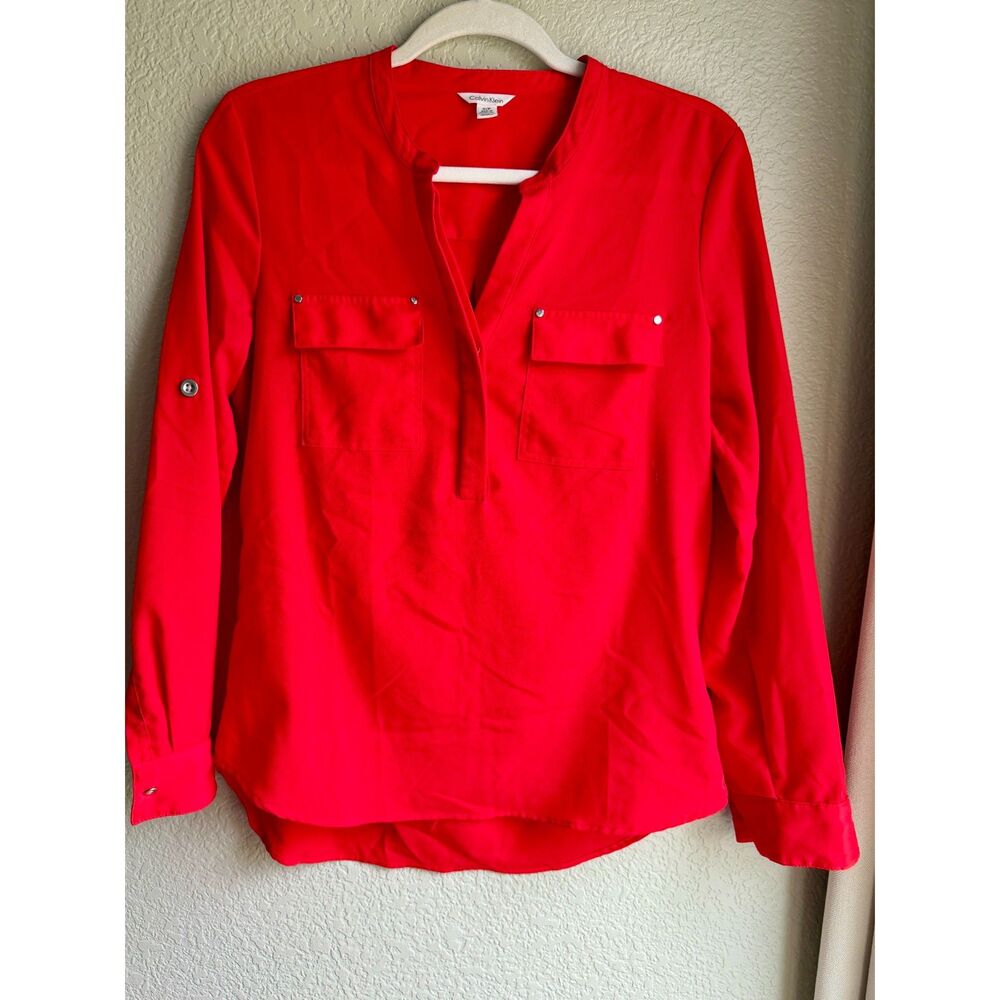 Calvin Klein Red Utility Blouse Small Long Sleeve Roll Tab Pocket High Low Top